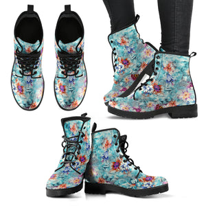 Flower Blue Pattern Handcrafted Women's Vegan-Friendly Leather Boots