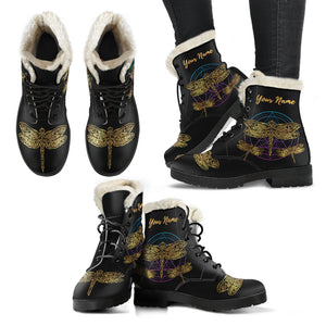 Personalized Dragonfly Circle Faux Fur Leather Boots