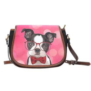 Boston Terrier Leather Trim Saddle Bag Cross Body Zipper Bag Purse Gift