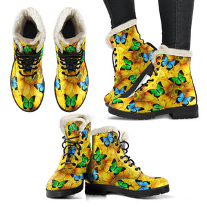 Sunflowers & Butterflies Faux Fur Leather Boots