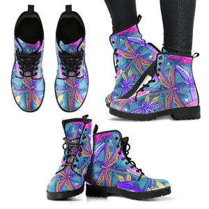 Handcrafted Purple Blue Dragonfly Pattern Boots