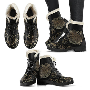 Sea Turtle & Lotus Faux Fur Leather Boots