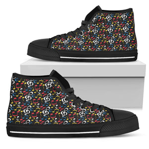 Music Notes Mix of Colors Shoes - Womens High Top Canvas Black Shoes