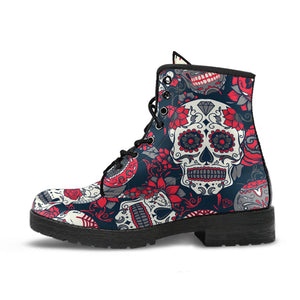 Skull Red Black White Handcrafted Women's Booties Vegan-Friendly Leather Boots