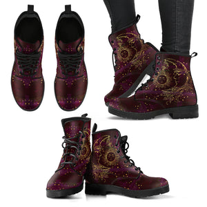 Maroon Sun and Moon Handcrafted Women's Vegan-Friendly Leather Boots