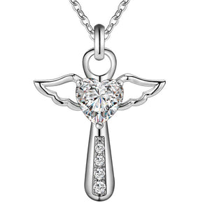 Jesus Cross Love Angel Heart Wing Silver Pendant Necklace - Freedom Look