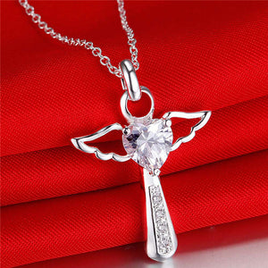Jesus Cross Love Angel Heart Wing Silver Pendant Necklace - Freedom Look