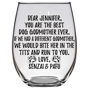 Jennifer Senzai & Pafu Dog Godmother Stemless Wine Glass