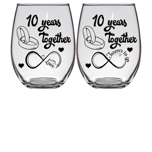 FTG & LOVE - 10th Anniversary Stemless Wine Glass - Set of 2 (Laser Etched) - Clear