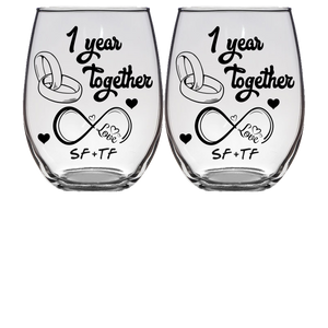 LOVE - 1st Anniversary SF+TF Stemless Wine Glass - Set of 2 (Laser Etched) - Clear