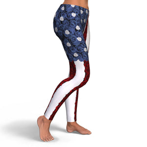 American Flag Blue And Red Roses Leggings - Freedom Look