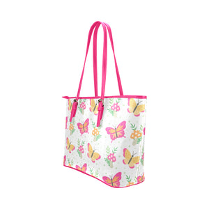Pink Butterflies With Flowers Leather Tote Bag - Freedom Look