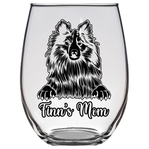 Finn's Mom Shetland Sheepdog Stemless Wine Glass
