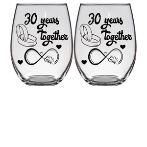 30 LOVE - Anniversary Stemless Wine Glass - Set of 2 (Laser Etched) - Clear