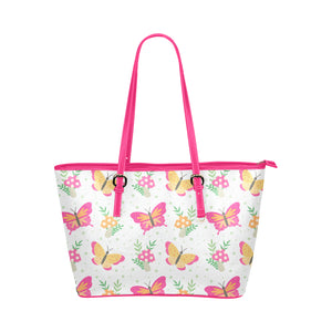 Pink Butterflies With Flowers Leather Tote Bag - Freedom Look