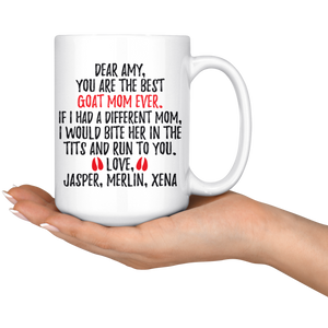 Personalized Goats Jasper, Merlin Xena Mom Coffee Mug (15 oz)
