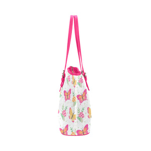 Pink Butterflies With Flowers Leather Tote Bag - Freedom Look