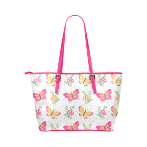 Pink Butterflies With Flowers Leather Tote Bag - Freedom Look
