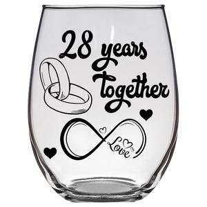 Love 28 years together Stemless Wine Glass