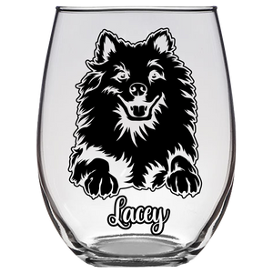 Lacey Eskimo Dog Mom Stemless Wine Glass