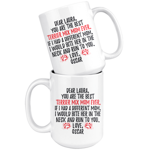 Personalized Terrier Mix Dog Oscar Mom Laura Coffee Mug (15 oz)