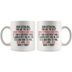 Personalized Great Pyrenees Dog Nick P Furry Mom Cathalina Coffee Mug (11 oz)
