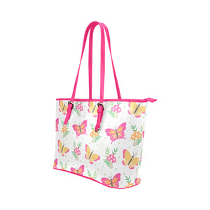Pink Butterflies With Flowers Leather Tote Bag - Freedom Look