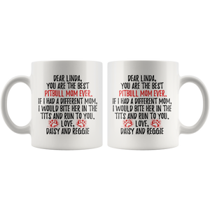 Personalized Pitbull Dog Daisy And Reggie Mom Linda Coffee Mug (11 oz)