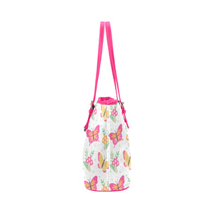 Pink Butterflies With Flowers Leather Tote Bag - Freedom Look