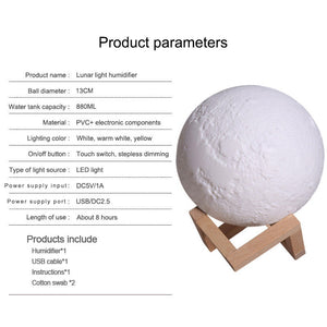Air Humidifier 3D Moon Lamp Diffuser - Aroma Essential Oil