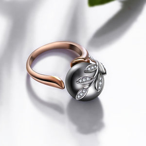 Trendy Rose Gold Ring with Gray Pearl & Leaf - Freedom Look