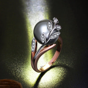 Trendy Rose Gold Ring with Gray Pearl & Leaf - Freedom Look