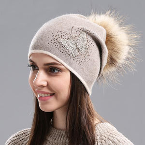 HQ Butterfly Beanie Hat with Detachable Fur Pompom - Freedom Look