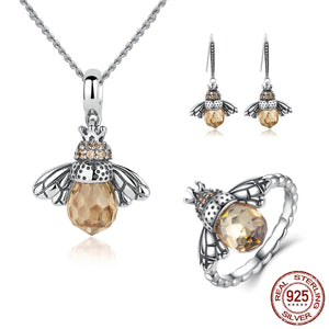 Unique Bee Pendant Necklace, Earrings & Ring - Sterling Silver - Freedom Look