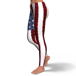 American Flag Blue And Red Roses Leggings - Freedom Look