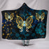 Butterfly on Blue Damask Cozy Warm Hooded Sherpa And Microfiber Blanket With Hood