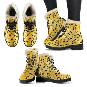 Yellow Music Notes Design Faux Fur Leather Boots Winter Shoes