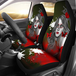 Sugar Skull Red Butterfly - Set of 2 Universal Front Car Seat Covers Protection