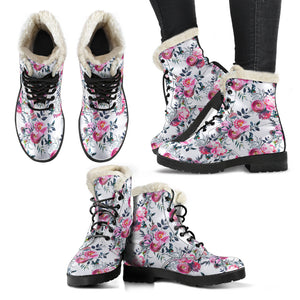 Floral Grey Roses & Peonies - Faux Fur Leather Boots