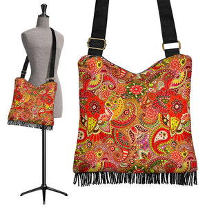 Wild Orange Red Paisley Boho Crossbody Bag, Travel Bag