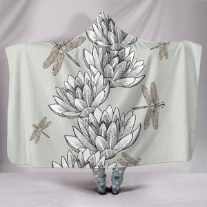 Seamless Pattern Water Lotus Dragonfly Hooded Blanket
