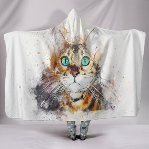 Green Eyed Cat Cozy Warm Hooded Sherpa And Microfiber Blanket With Hood