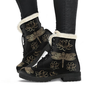 Dragonflies & Lotus Flowers Faux Fur Leather Boots - Freedom Look