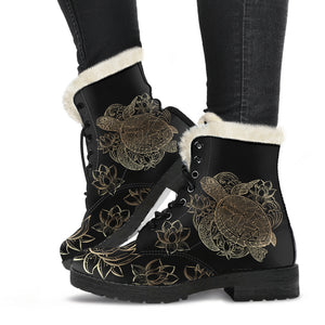 Sea Turtle & Lotus Faux Fur Leather Boots