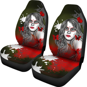 Sugar Skull Red Butterfly - Set of 2 Universal Front Car Seat Covers Protection