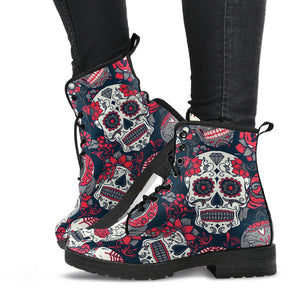 Skull Red Black White Handcrafted Women's Booties Vegan-Friendly Leather Boots