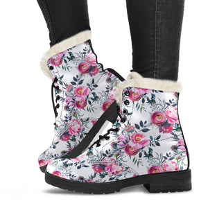 Floral Grey Roses & Peonies - Faux Fur Leather Boots