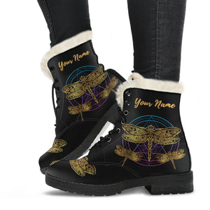 Personalized Dragonfly Circle Faux Fur Leather Boots