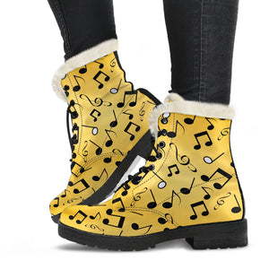 Yellow Music Notes Design Faux Fur Leather Boots Winter Shoes