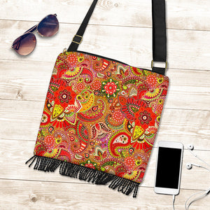 Wild Orange Red Paisley Boho Crossbody Bag, Travel Bag